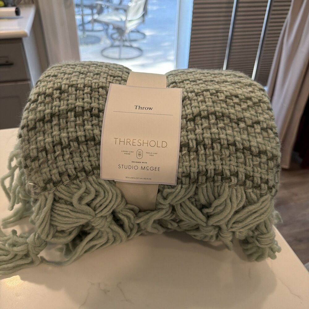 Threshold Studio McGee Sage Green & Olive Woven Fringe Throw 50”x60”. NEW